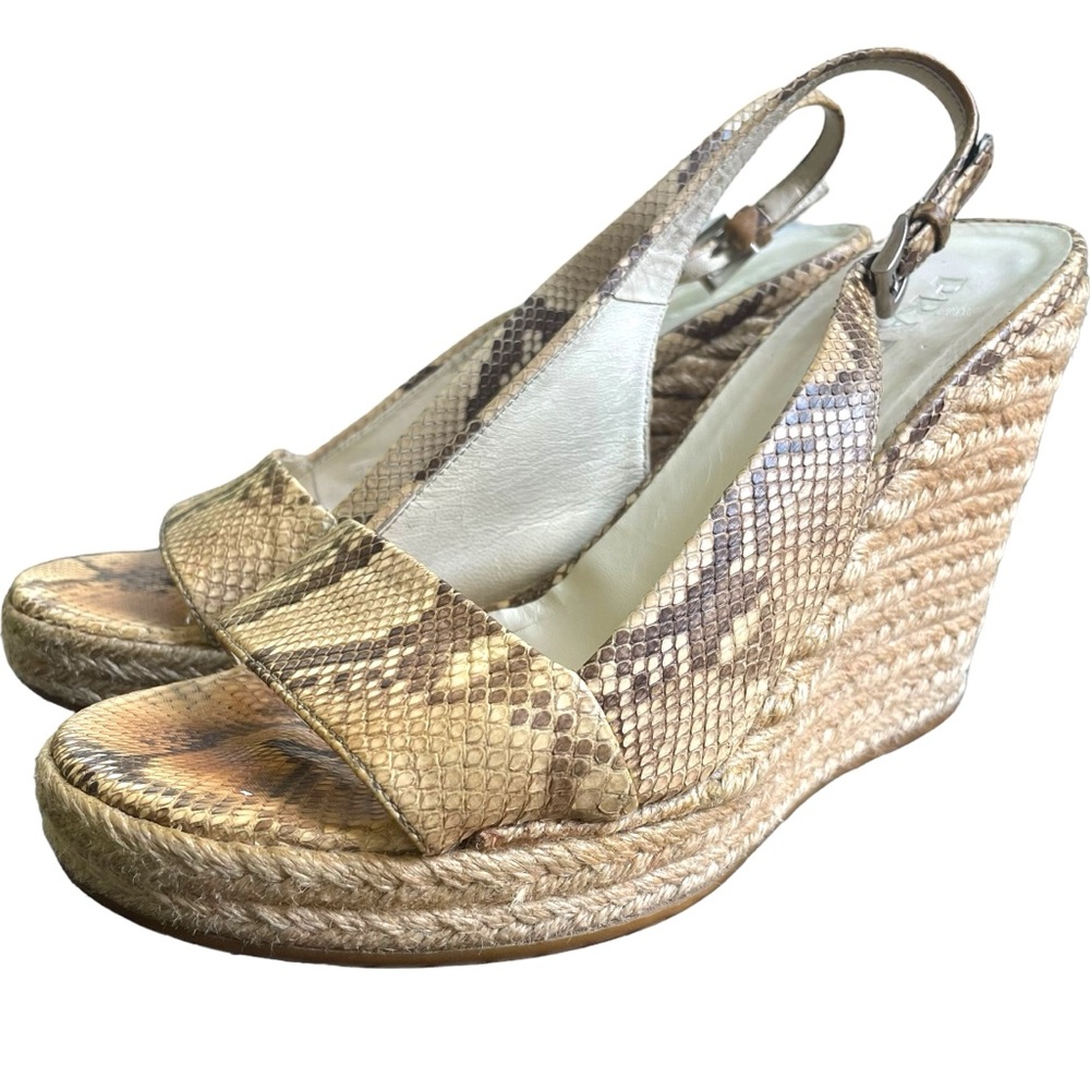 PRADA Leather Snake Skin Print Wedge Sandal Ankle Buckle Espadrille Sz 7.5/37.5
